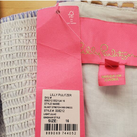 Lilly Pulitzer Olivet Stretch Midi Dress Light Lilac Gingham Style Size 16 NEW - Picture 12 of 14